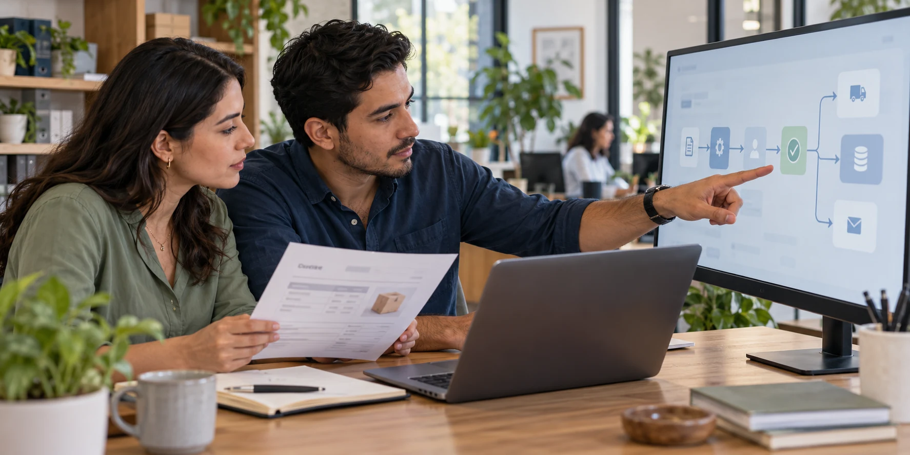 Equipo revisando un flujo de trabajo de software con supervisión humana
