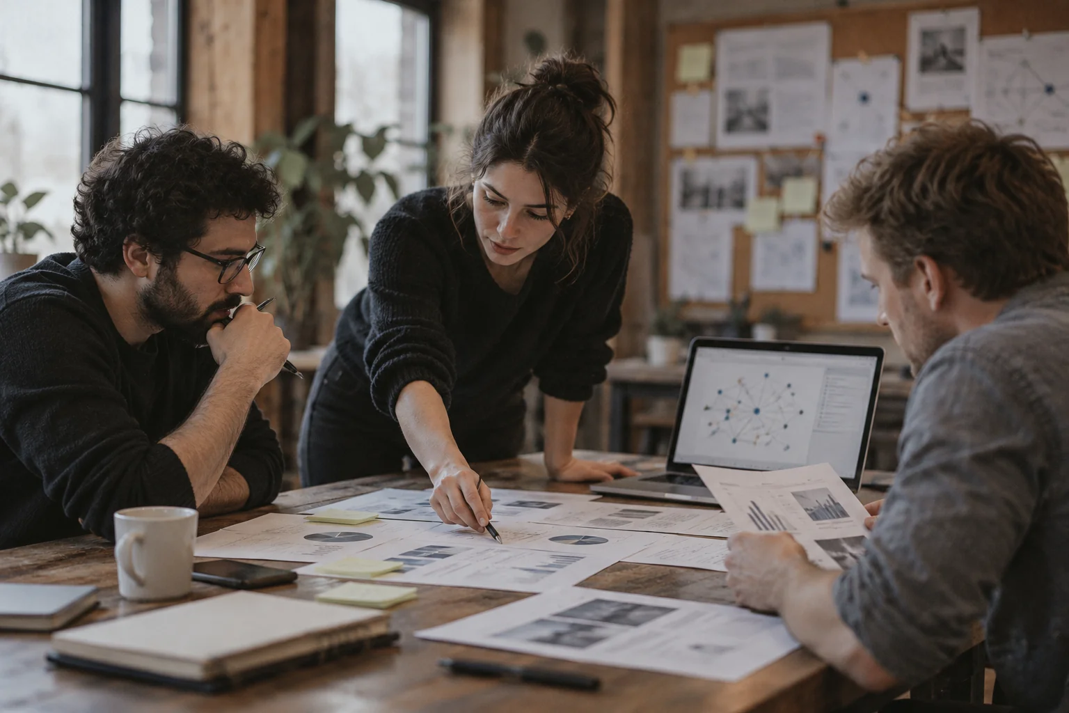Equipo que conecta documentos, datos y relaciones para analizar decisiones empresariales.